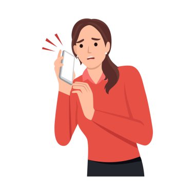 Şok olmuş genç bir kadın telefonda ya da cep telefonuyla konuşuyor. Şaşırmış bir ifadeyle şokta. Şaşırmış, kaşlarını çatmış bir kadın arıyor. Düz vektör çizimi beyaz arkaplanda izole edildi