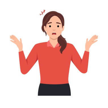 Endişe, stres, depresyon konsepti. Genç mutsuz, endişeli kadın çizgi film karakteri ayakta duruyor, elleriyle kafasına dokunuyor ve panik ve depresyon hissediyor. Düz vektör çizimi beyaz üzerine izole edildi