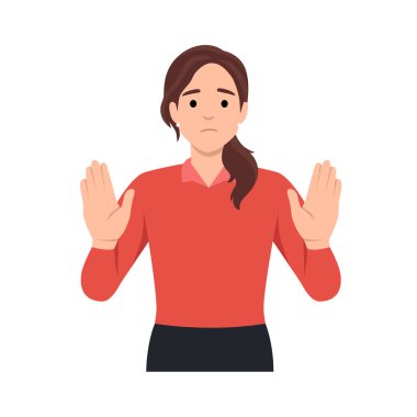 Genç bir kadın olumsuz jest yaparak HAYIR diyor. Reddetmeyi reddetme kavramı kadın seçimine katılmıyor, karar. Düz vektör çizimi beyaz arkaplanda izole edildi