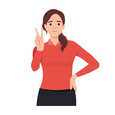 Mutlu kız el hareketi yapar, zafer işareti. Güzel genç bir kadının portresi. Düz vektör çizimi beyaz arkaplanda izole edildi