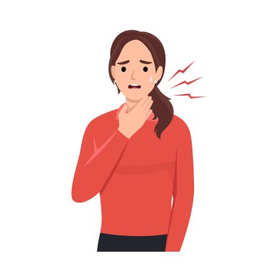 Beyaz arka planda boğaz ağrısı olan genç bir kadın. Covid-19, nezle ve grip, Pharyngitis veya bademcik iltihabı belirtileri. Düz vektör karikatürü.