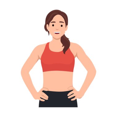 Formda bir vücudu olan genç bir kadın ya da elleri kalçasında spor sutyeni olan bir kadın. Düz vektör çizimi beyaz arkaplanda izole edildi