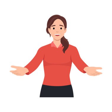 İnsanları karşılayan genç bir kadın. Düz vektör çizimi beyaz arkaplanda izole edildi