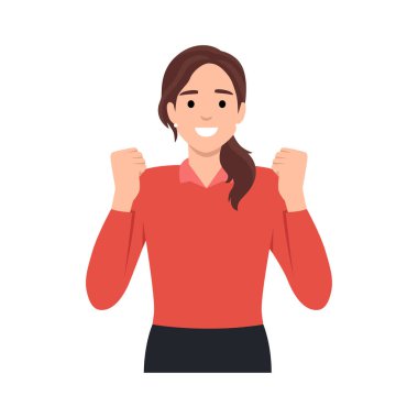 Mutlu, kendine güvenen bir kadının olumlu duygularını gösteren bir jest. Başarılı gülümseyen kadın karakteri yumruklarını kaldırarak gücünü gösteriyor. Düz vektör çizimi beyaz arkaplanda izole edildi