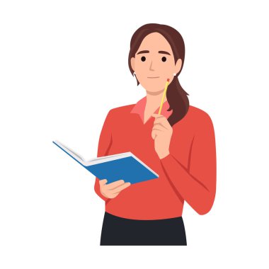 Şirin kadın not defterine bazı notlar yazıyor. Genç öğrenci kız sarı arka planda elinde kalemle düşünceli. Düz biçim vektör tasarımı çizimleri.