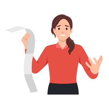 Finansal tema, yorgun ve şok olmuş bir kadının elinde uzun bir tasarıyı tutması. Aşırı harcamalarından dolayı şoka uğrayan kadınların mali sorunları. Düz vektör çizimi beyaz üzerine izole edildi