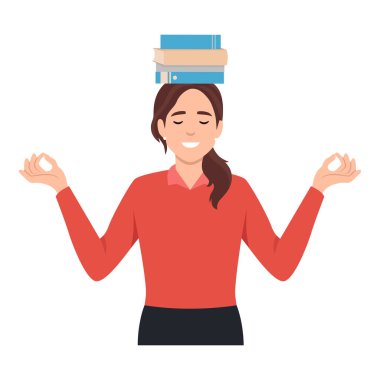 Eğitim ve bilgi edinme kavramı. Genç bir kadın başının üstünde kitaplarla meditasyon yapıyor. Düz vektör çizimi beyaz arkaplanda izole edildi