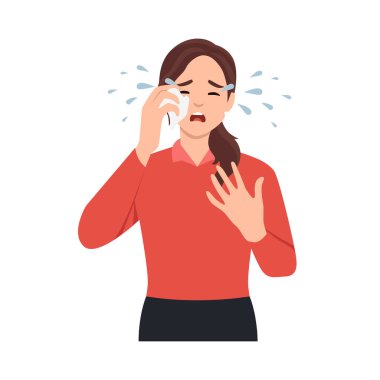 Ağlayan ve gözyaşlarını silen güzel bir genç kadın. Depresyon, umutsuzluk, üzüntü ve kırık bir kalple acı çeken bir kadın. Düz vektör çizimi beyaz arkaplanda izole edildi