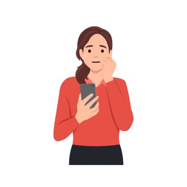 Hüsrana uğramış telefon, iletişim konseptinde sorunlar. Endişeli kız çizgi film karakteri telefon ekranına bakarken çatladı ve paramparça oldu ya da mesajla kendini kötü hissetti..