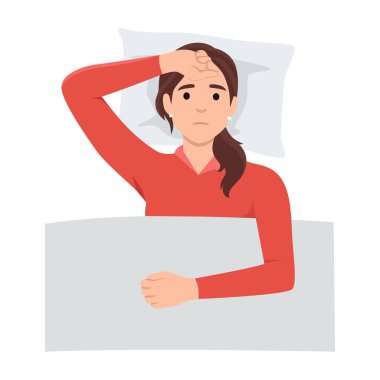Genç bir kadın uykusuzluk çekiyor. Zihinsel sorunlar, uykusuzluk sorunları. Yatakta yatan, son teslim tarihini düşünen, üzgün bir kız, rahatlayamaz. Düz vektör çizimi beyaz üzerine izole edildi