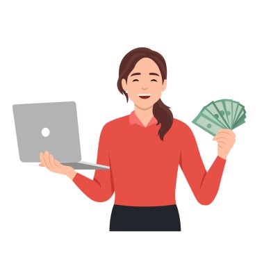 Genç bir kadın internet konseptinden para kazanıyor. Laptopta sosyal medyada çok para kazanmak. Nakit tutuyor. Düz vektör çizimi beyaz arkaplanda izole edildi