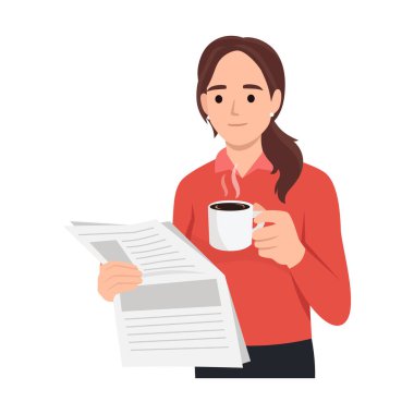 Genç ve mutlu bir kadın kahve içip gazete okuyor. Gülümseyen kız sabah çayı ya da kahveyle derginin tadını çıkarıyor. Düz vektör çizimi beyaz arkaplanda izole edildi