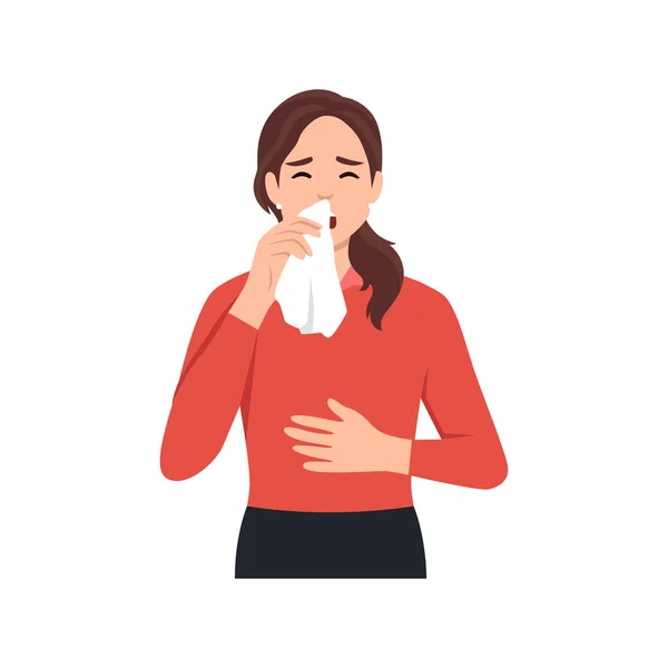 鼻炎を患っているベクトルフラット若い病気の少女 ナプキンを保持 顔の組織 彼女の鼻を吹いて くしゃみ 白い背景に隔離されたフラットベクトルイラスト — ストックベクタ