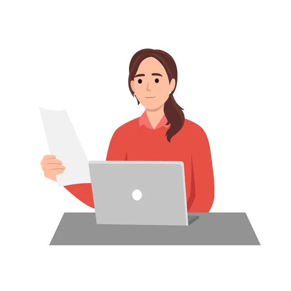 stock vector Young successful businesswoman reading documents. Smiling young female employee busy at laptop checking paperwork in office.