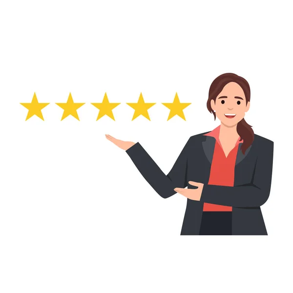 stock vector Woman customer giving five star rating. Customer Review. Feedback. Flat vector illustration isolated on white background
