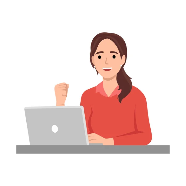 stock vector Excited happy business woman or girl sit at desk looks at laptop screen read incredible news clench fists makes yes. Flat vector illustration isolated on white background