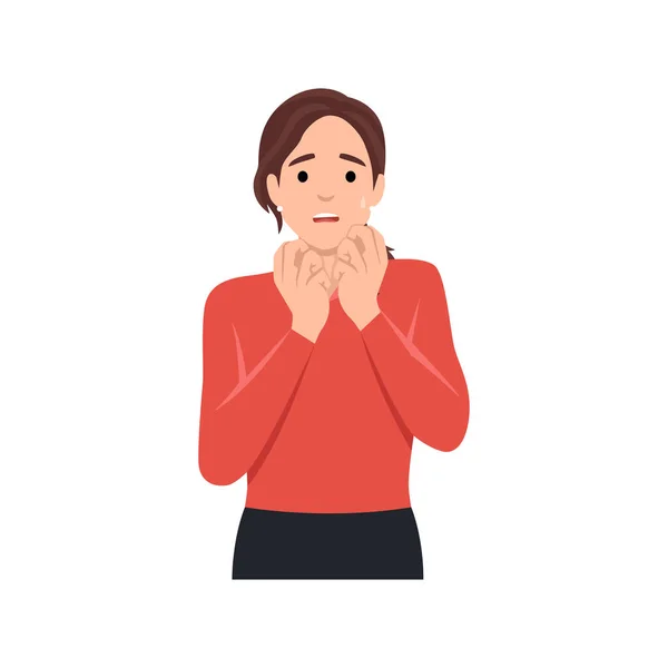 ストレス うつ病の概念 若い不幸な女性の漫画のキャラクター立って 手で頭に触れ パニックやうつ病を感じる心配 白で区切られたフラットベクトルイラスト — ストックベクタ