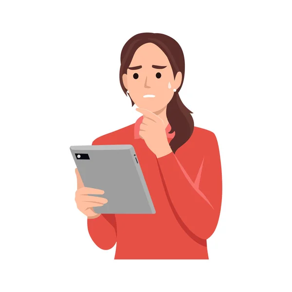 Young womanis using a touch pad tablet portable computer. Young woman holds touch pad and thinks. Worried afraid and scared emotion. Flat vector illustration isolated on white background