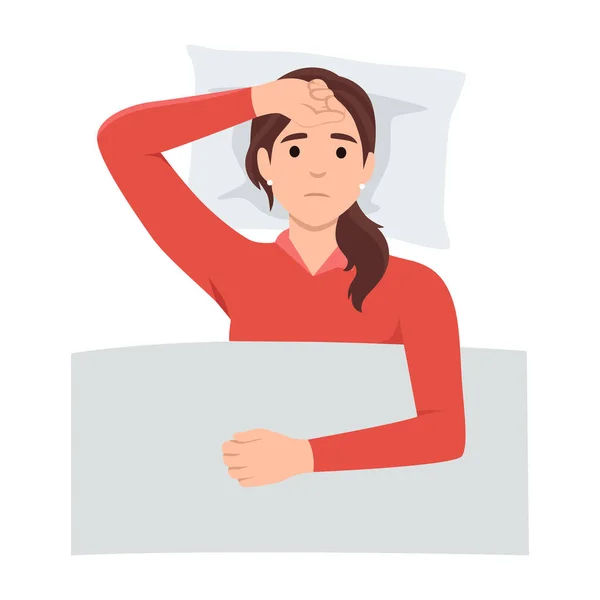 여성들은 불면증등의 원인으로 불면증을 침대에 생각하고 소녀는 긴장을 수없다 흰색에 — 스톡 벡터