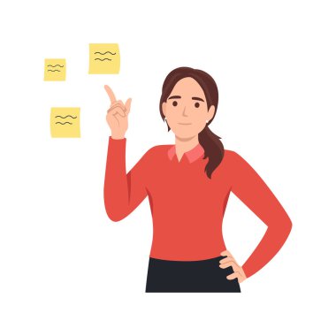 Genç iş kadını, rakamların planladığı görevlerle yapışkan notlara işaret ediyor. Mutlu kadın önceliklerini listeye verir, çalışma saatlerini paylaşır. Zaman yönetimi konsepti. Düz vektör çizimi izole edildi