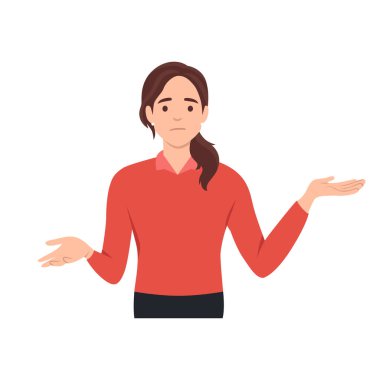Genç, kafası karışmış kadın karakter ayakta duruyor ve renkli arkaplanda iki renk arasında seçim yapıyor. Seçim kavramı, düşünme, şüphe, sorun. Düz vektör çizimi beyaz arkaplanda izole edildi