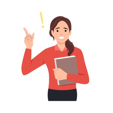 İş kadını karakter vektörü. Neşeli gülümseyen iş kadını karakteri kitap tutmayı düşünüyor. Sorun çözme, fikir ve yaratıcılık kavramı. Düz vektör çizimi beyaz arkaplanda izole edildi