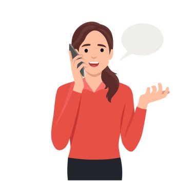 Cep telefonu vektör illüstrasyonuyla konuşan bir kadın. Genç bir kadın telefonla iletişim kuruyor. Akıllı telefon ekranı arayüzünün yanında elektronik cihazı olan bir kadın. Düz vektör çizimi beyaz üzerine izole edildi