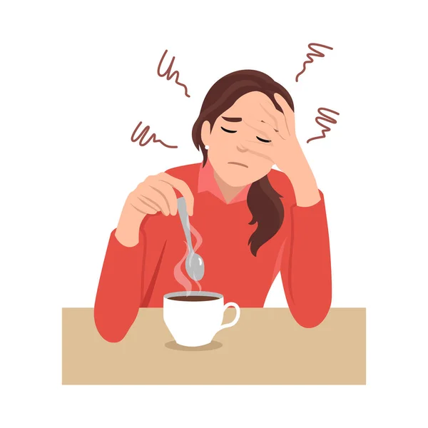 Young Woman Exhausted Sit Table Drink Coffee Feel Fatigue Drowsiness — Stock Vector