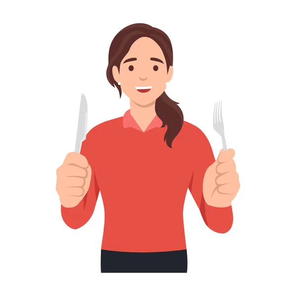 Jeune Femme Tenant Fourchette Couteau Femme Affamée Attente Nourriture Illustration — Image vectorielle
