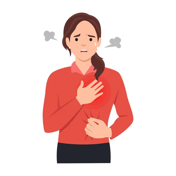 stock vector Woman feel chest pain. Heart attack or symptoms of heart disease. Idea of health danger and sickness. 2019-nCoV symptom. Virus prevention and protection. Flat vector illustration isolated