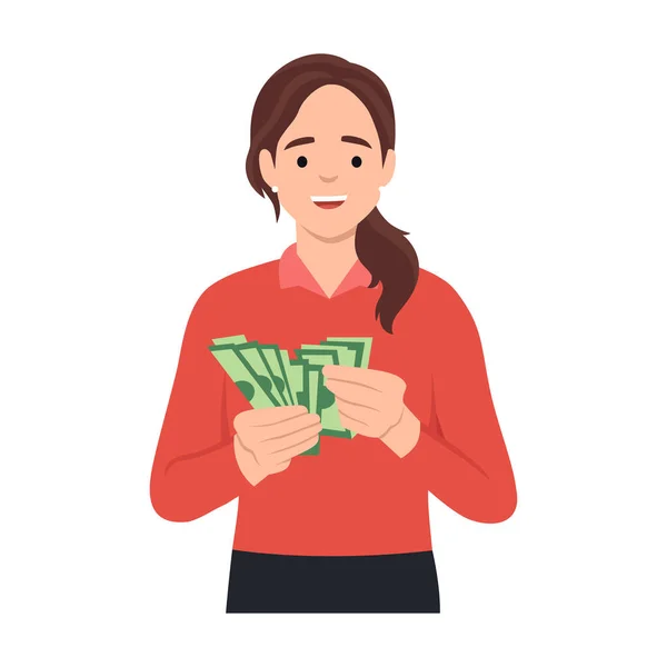 Young Rich Woman Holding Dollar Bills Hands Excited Win Promotion — Stock Vector