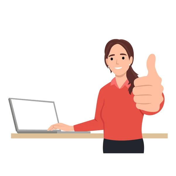 stock vector Young woman working on computer show thumb recommending online services. Happy female client give recommendation to laptop app. Flat vector illustration isolated on white background