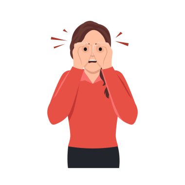 Dürbün yerine ellerle ekrana bakan meraklı kadın başka birinin sırrını öğrenmek istiyor. Odaklanmış bayan, uzaktaki objeye daha yakından bakmak için avuçlarını kaldırır. Düz vektör illüstrasyonu