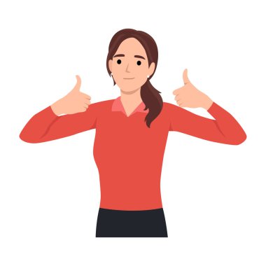 Gülümseyen genç bir kadın iki eliyle baş parmak işareti yapıyor. Düz vektör çizimi beyaz arkaplanda izole edildi