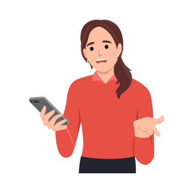 Öfke bunalımı konsepti. Gergin kız akıllı telefon ekranına bakıyor. Telefon arızasından rahatsız olan öfkeli bir genç. Kötü mesajdan dolayı kızgın bir kadın. Düz vektör çizimi izole edildi