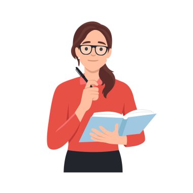 Açık ders kitabı olan düşünceli bir kadın sorulara doğru cevabı hatırlayarak kalemi çenesine sokuyor. Şaşkın kız öğrenci tişörtü sınavlara hazırlanmak için kitapla duruyor. Düz vektör illüstrasyonu