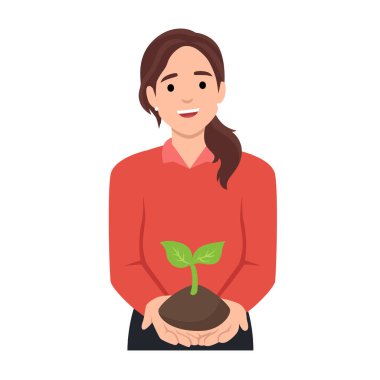 Elinde bir avuç toprak olan yeşil bir filiz tutan genç bir kadın. Çevre dostu, yeşil. Düz vektör çizimi beyaz arkaplanda izole edildi