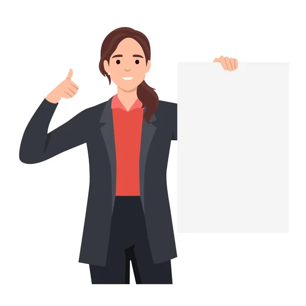 Happy Young Woman Holding Blank Empty Sheet White Paper Board — Stock Vector