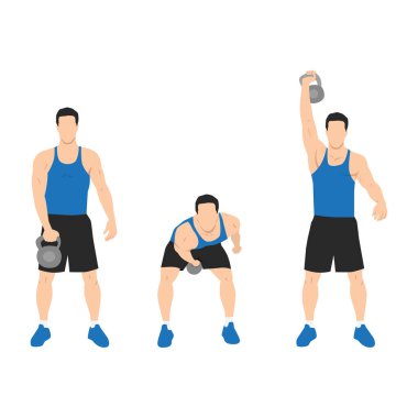 Tek kollu kettlebell kapma egzersizi yapan bir adam. Düz vektör çizimi beyaz arkaplanda izole edildi