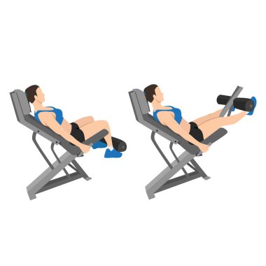 Oturmuş makine bacağı egzersizi yapan bir kadın. Düz vektör çizimi beyaz arkaplanda izole edildi