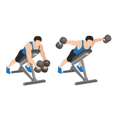 Dumbbell 'ı oynayan adam göğüs destekli ters uçuşlar yapıyor. Düz vektör çizimi beyaz arkaplanda izole edildi