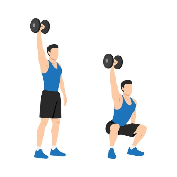 Man Doing Single One Arm Overhead Dumbbell Squats Exercise Flat — Stock Vector