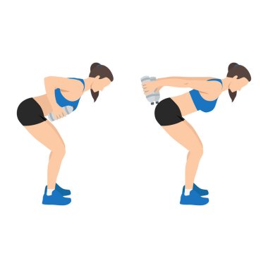 Woman doing Bent over double arm tricep kickbacks with water bottle exercise. Flat vector illustration isolated on white background clipart