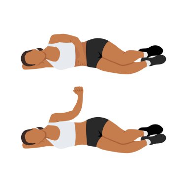 Kadın dış omuz rotasyonu yapıyor. Düz vektör çizimi beyaz arkaplanda izole edildi