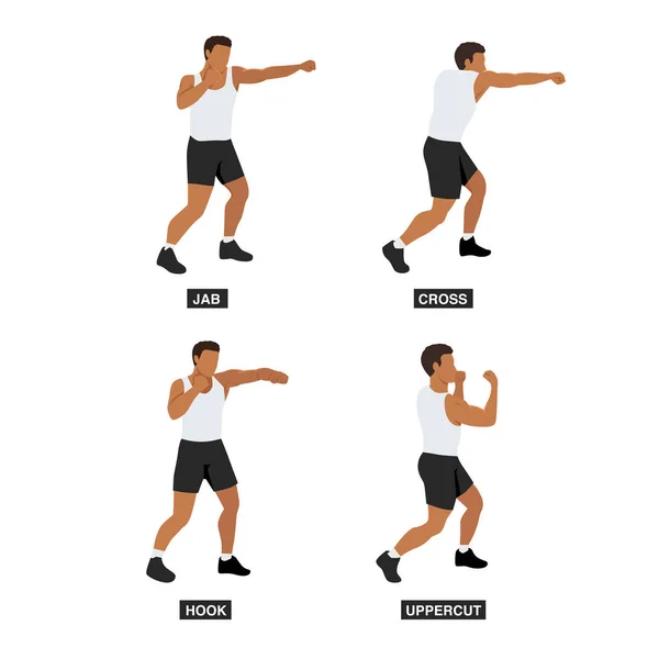Homem Fazendo Boxe Move Exercício Jab Cross Hook Movimento Uppercut — Vetor de Stock