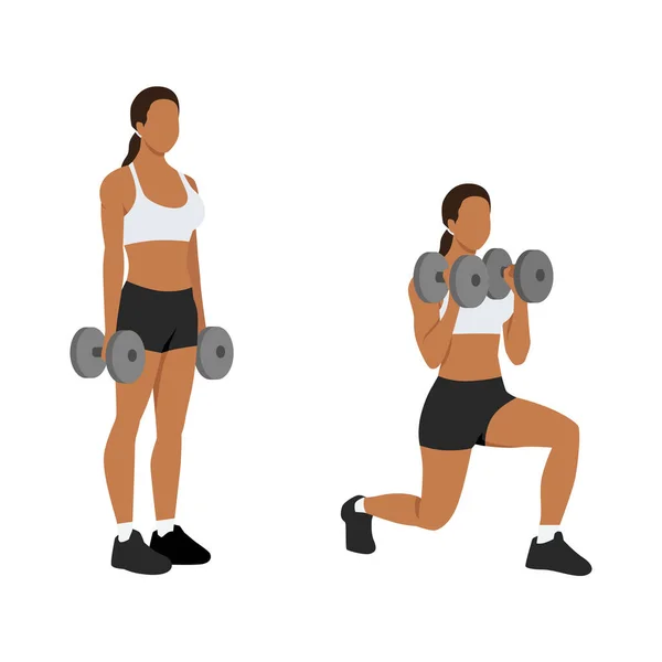 Woman Doing Lunging Lunge Bicep Hammer Curls Exercise Flat Vector — Stock Vector