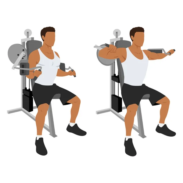 Man Doing Seated Lateral Raise Machine Power Partials Exercise Flat — Stock Vector