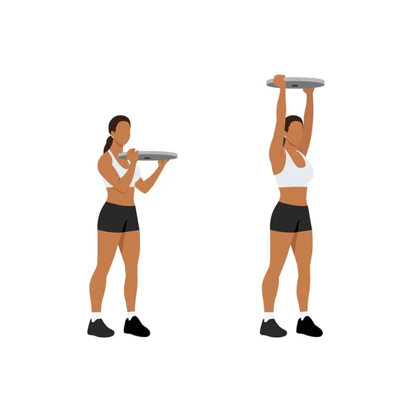 Γυναίκα Κάνει Overhead Πιεστήριο Άσκηση Επίπεδη Διανυσματική Απεικόνιση Απομονωμένη Λευκό — Διανυσματικό Αρχείο