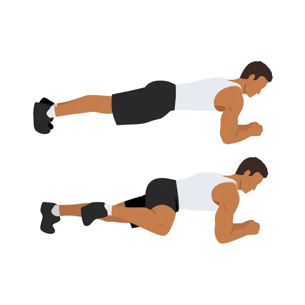 男子做腹部运动姿势介绍与普朗克膝关节到肘部分两步为指导 白色背景上孤立的平面矢量图解 — 图库矢量图片