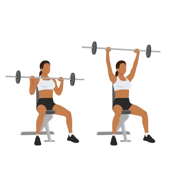 Γυναίκα Κάνει Καθιστή Άσκηση Τύπου Πίεση Ώμου Επίπεδη Διανυσματική Απεικόνιση — Διανυσματικό Αρχείο